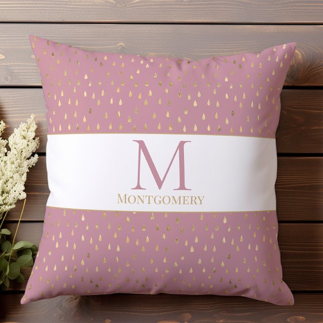 Coussin Monogramme Moderne Tendance Goutte de Pluie Or Ros (Créateur téléchargé)