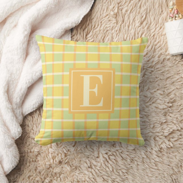 Coussin Monogramme Moderne Vert Jaune Orange à Carreaux (Couverture)