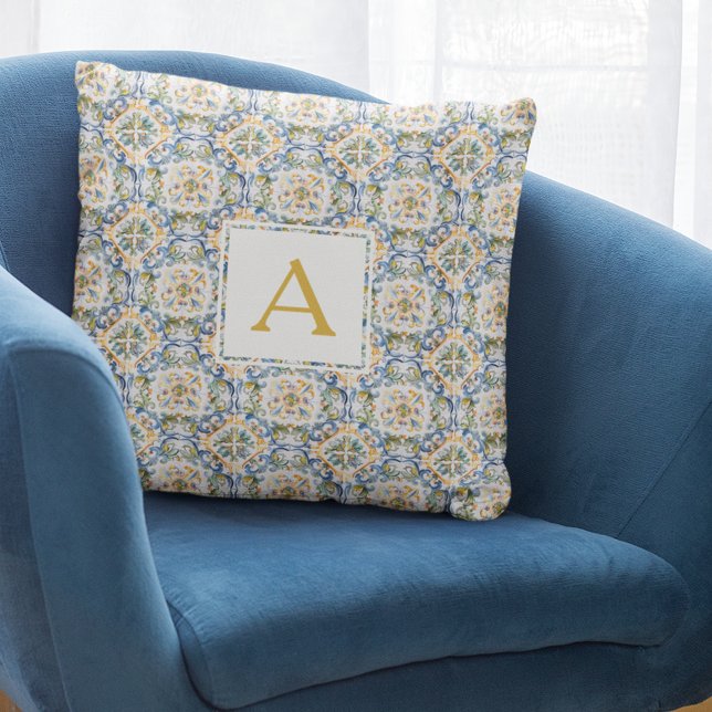 Coussin Monogramme Motif bleu (Blue Pattern Monogram Throw Pillow
)