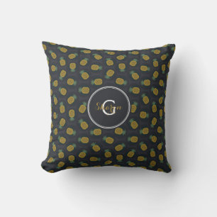 Coussin Monogramme motif d'ananas noir rétro