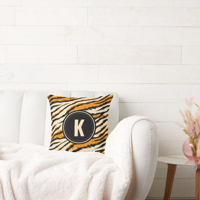 Coussin Monogramme Motif de rayures de tigre orange noir (Canapé)