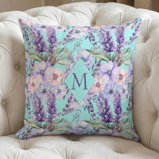 Coussin Monogramme Motif de ressort floral turquoise (Créateur téléchargé)