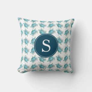 Coussin Monogramme Motif de tortue de mer bleu