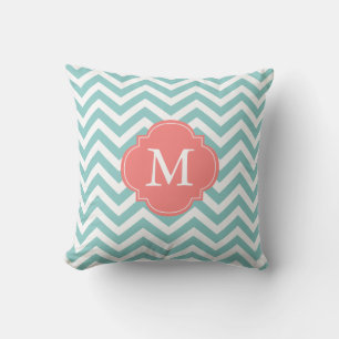 Coussin Monogramme Motif de Zigzag de Corail vert Mint
