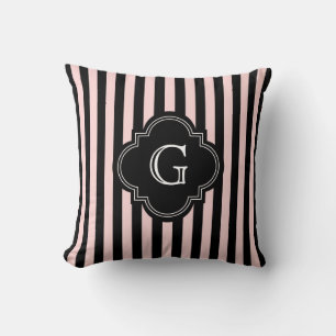 Coussin Monogramme Motif en bande noire rose pâle
