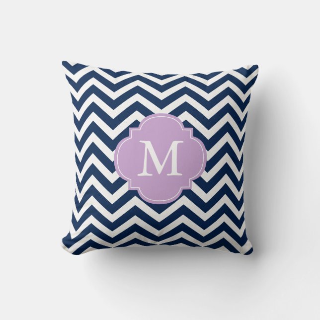 Coussin Monogramme Motif Navy Blue & Lavender Zigzags (Recto)