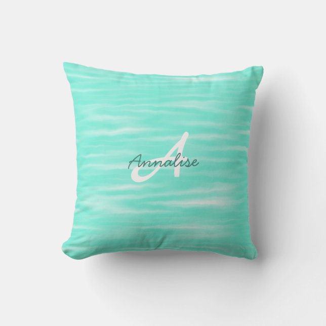 Coussin  Monogramme Motif Turquoise doux rayures Abstraite (Recto)