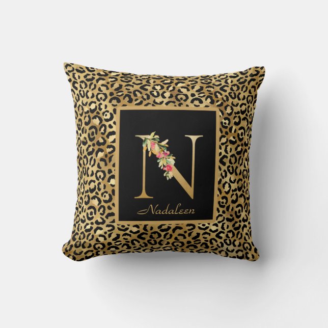 Coussin Monogramme N personnalisé Léopard Moderne (Recto)