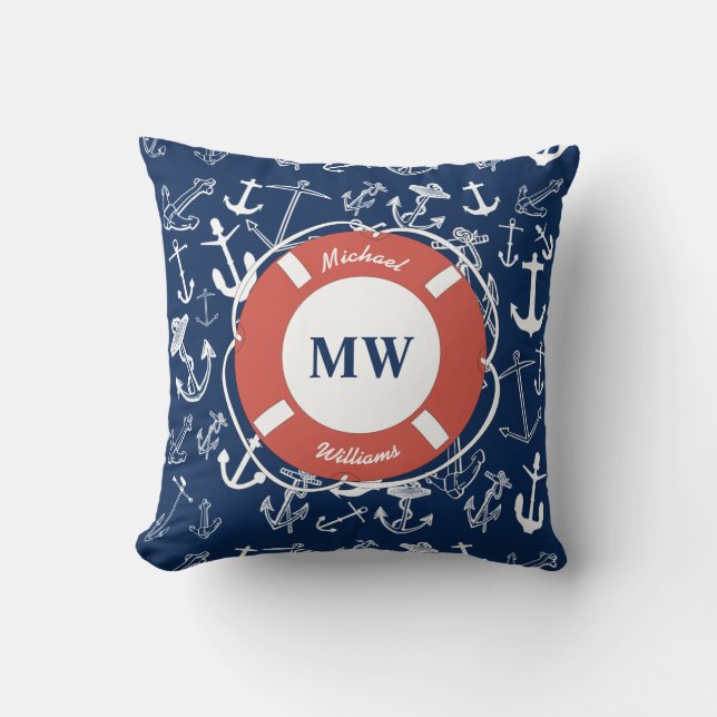 Coussin Monogramme nautique Ancre bleu marine Motif (Recto)