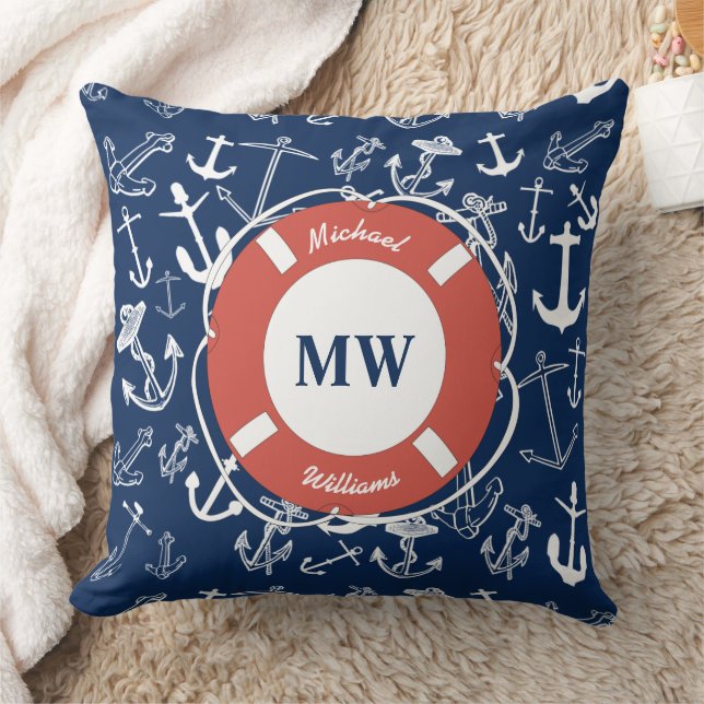 Coussin Monogramme nautique Ancre bleu marine Motif (Couverture)