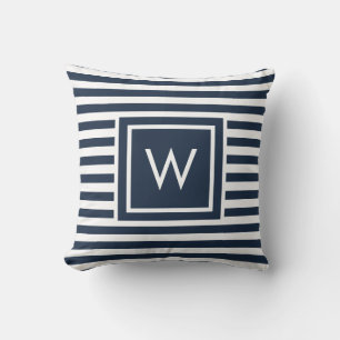Coussin Monogramme nautique bleu marine et blanc rayé
