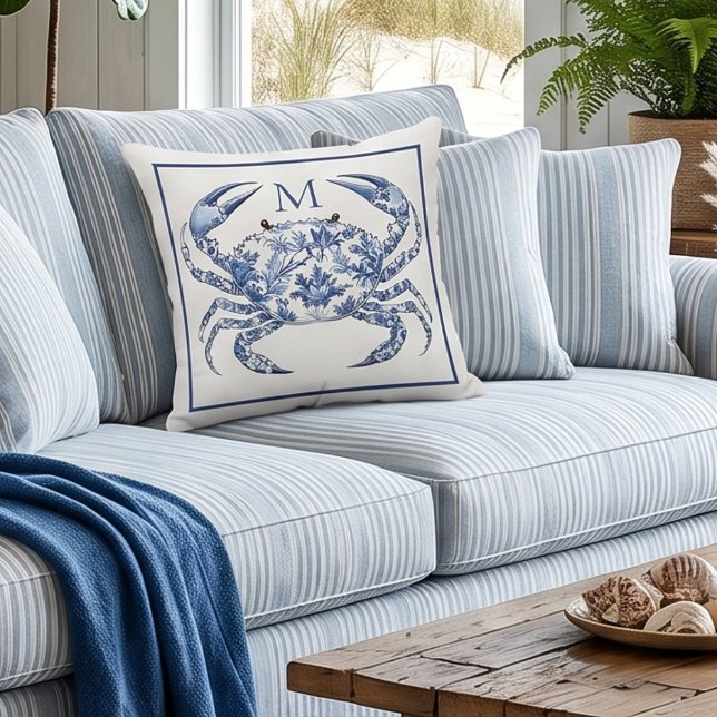 Coussin Monogramme nautique côtier au crabe bleu (Créateur téléchargé)