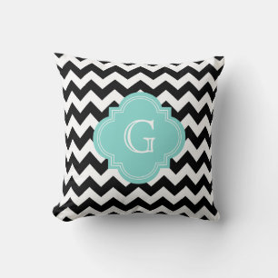 Coussin Monogramme noir blanc Chevron Zig-Zag Turquoise