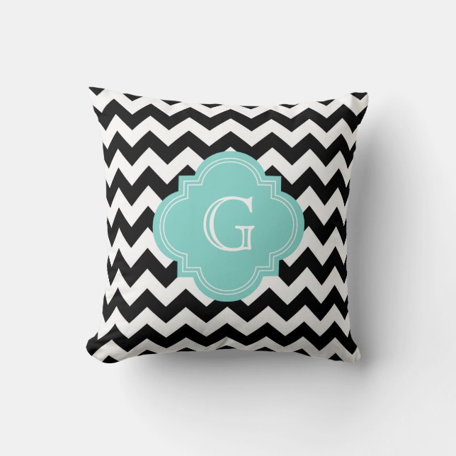 Coussin Monogramme noir blanc Chevron Zig-Zag Turquoise (Recto)