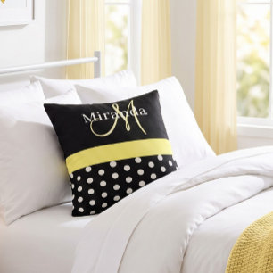 Coussin Monogramme noir blanc jaune écriture pois