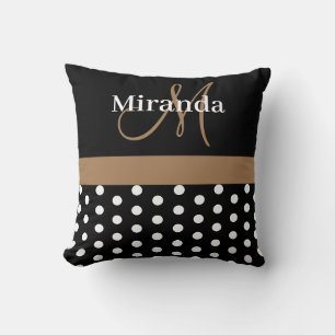 Coussin Monogramme noir blanc marron Écriture Points polka
