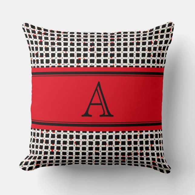Coussin Monogramme Noir Blanc Rouge Élégant Motif (Recto)