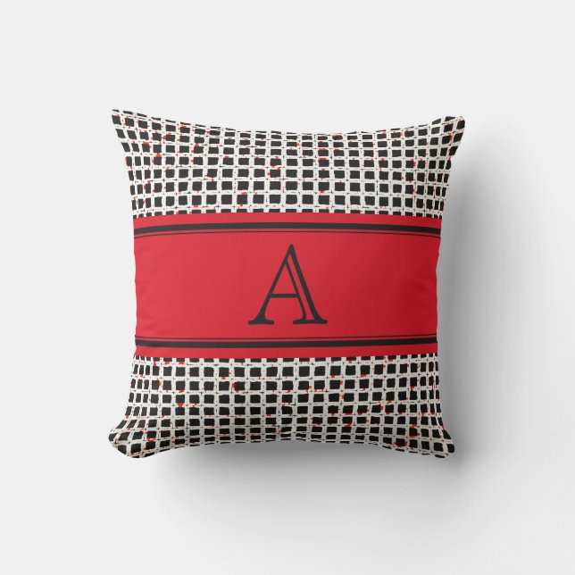 Coussin Monogramme Noir Blanc Rouge Élégant Motif (Recto)