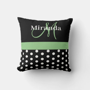 Coussin Monogramme noir blanc vert écriture points polka