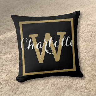 Coussin Monogramme noir en or moderne Chic Script