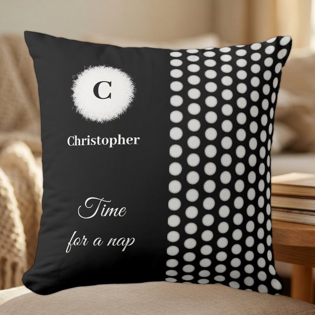 Coussin Monogramme noir et blanc, c'est l'heure de la sies (Créateur téléchargé)