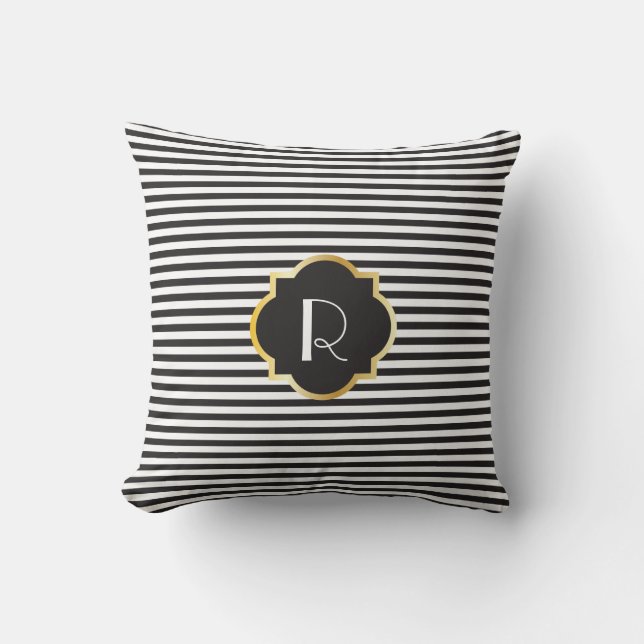 Coussin Monogramme noir et blanc chic d'or de rayure (Recto)