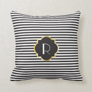 Coussin Monogramme noir et blanc chic d'or de rayure