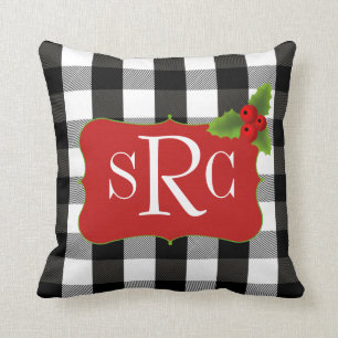 Coussin Monogramme noir et blanc de houx de plaid de Noël