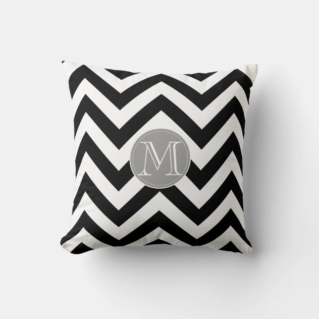 Coussin Monogramme noir et blanc de motif de Chevron (Recto)
