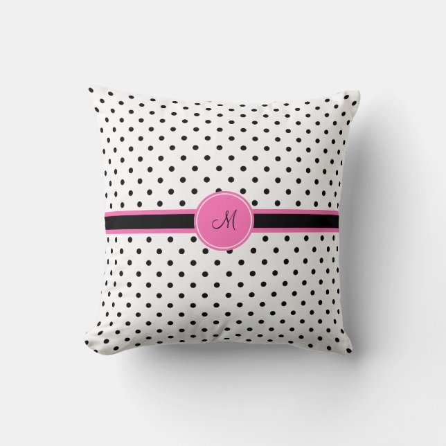 Coussin Monogramme noir et blanc Polka point avec rose cha (Recto)