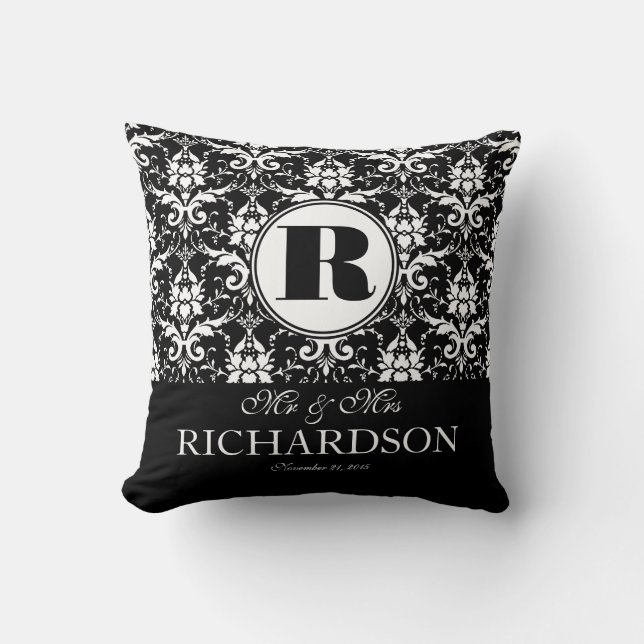 Coussin Monogramme noir et blanc sophistiqué de damassé (Recto)