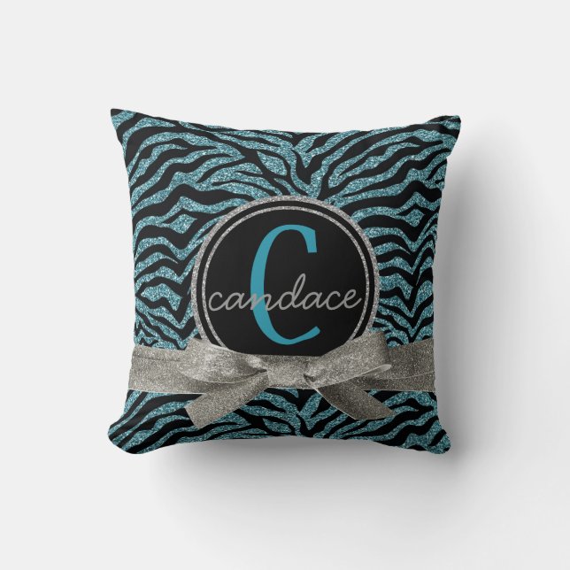 Coussin Monogramme noir et bleu de zèbre sauvage de mod (Recto)