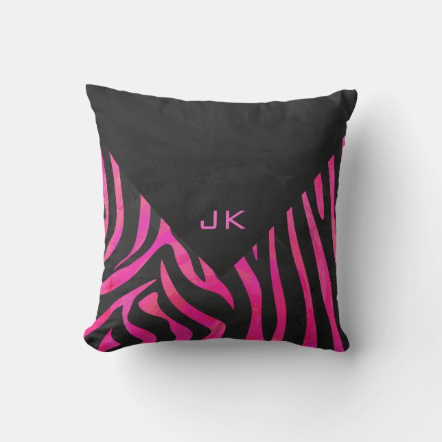 Coussin Monogramme noir et motif zèbre rose vif (Recto)