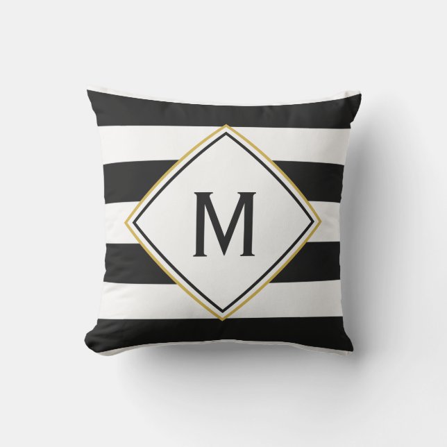 Coussin Monogramme noir fait sur commande avec les rayures (Recto)