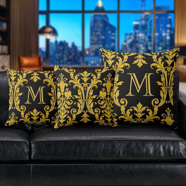 Coussin Monogramme noir & or Damask Floral Swils (Créateur téléchargé)