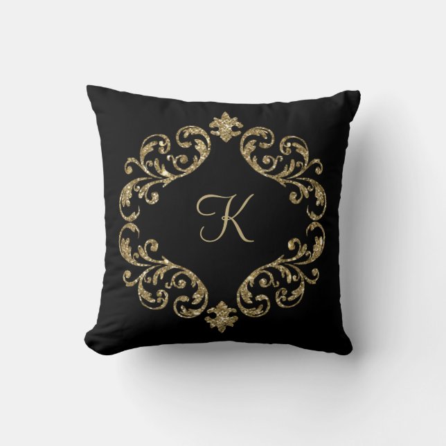 Coussin Monogramme noir paillettes dorées Damassé Flourish (Recto)