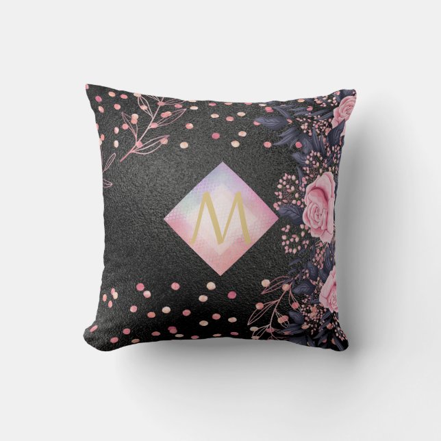 Coussin Monogramme noir ROSEGOLD rose Parties scintillant  (Recto)