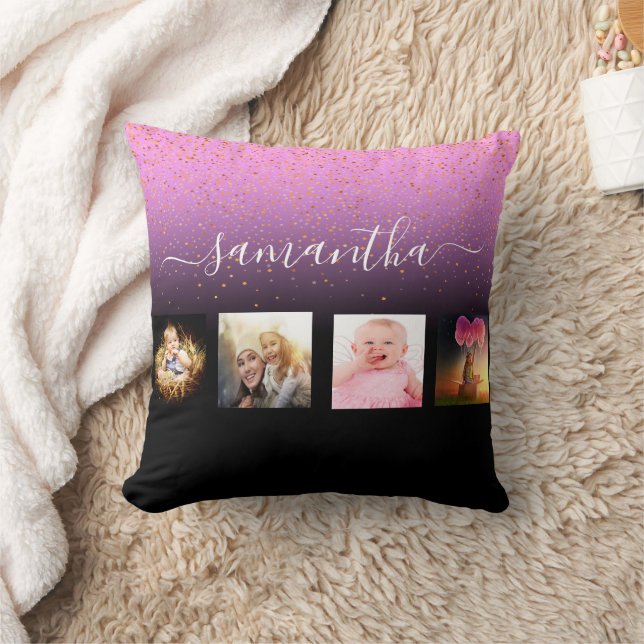 Coussin Monogramme noir violet photo collage (Couverture)