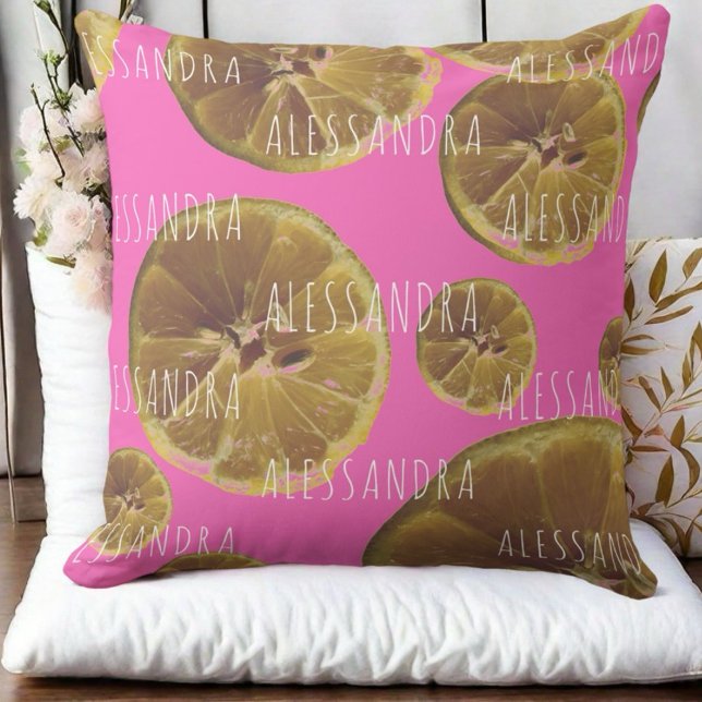 Coussin Monogramme nom citron tranches chaud rose jaune gi (Créateur téléchargé)