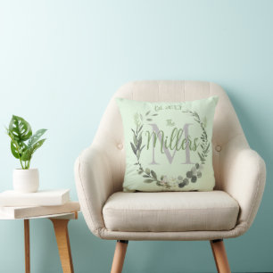 Coussin Monogramme Nom de famille Aquarelle Botanique Wrea