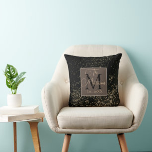Coussin Monogramme Nom de famille Gold Confetti