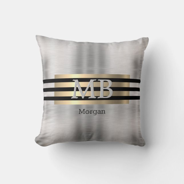 Coussin Monogramme & nom DIY, acier brossé or jaune noir (Recto)