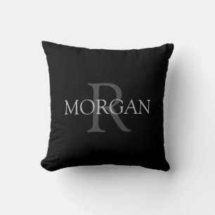 Coussin Monogramme & nom DIY, tendance noir avec texte gri