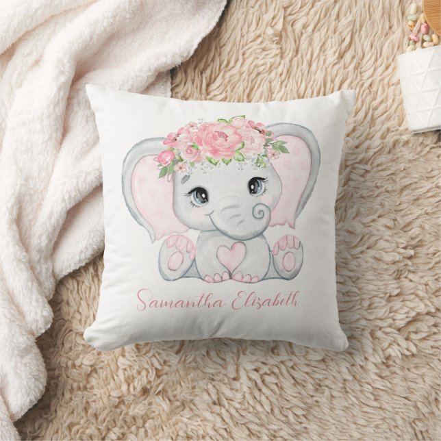 Coussin Monogramme Nom Éléphant Rose Bébé Fille Nursery (Couverture)