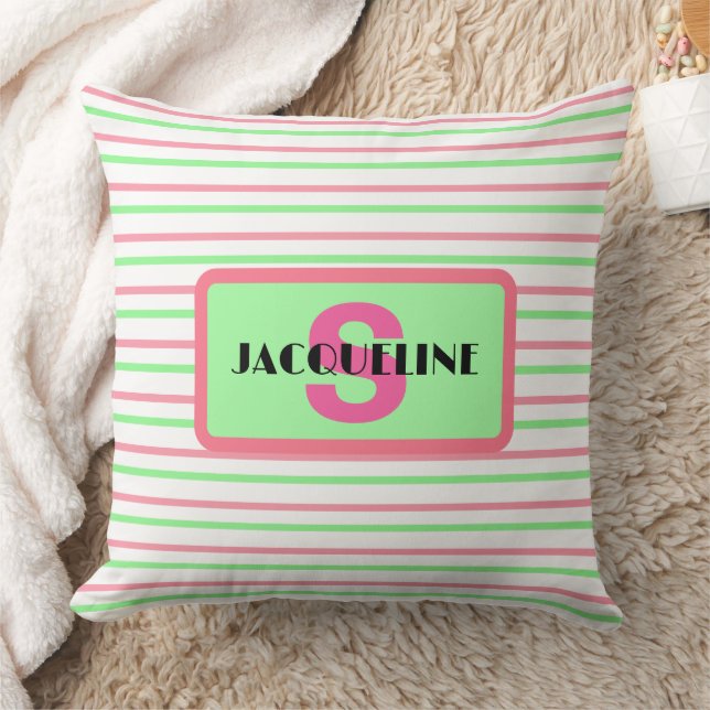 Coussin Monogramme Nom Géométrique Rayures Rose Vert Blanc (Couverture)