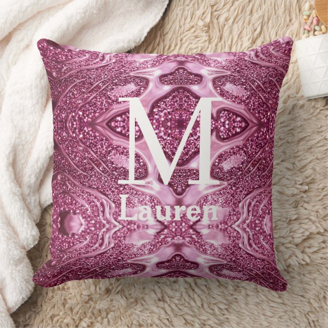 Coussin monogramme nom girly métallisé rose abstrait brill (Couverture)