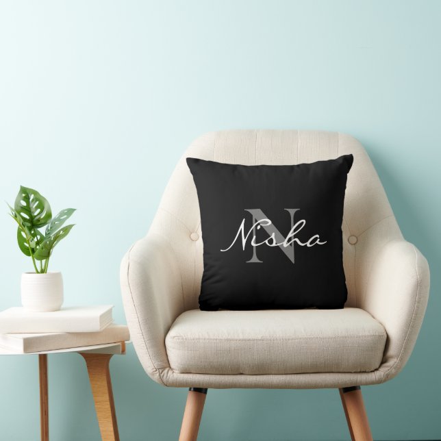 Coussin Monogramme Nom Gris Blanc Noir (Chaise)