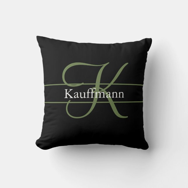 Coussin Monogramme Nom Initiale Écriture Noir Vert Blanc  (Recto)