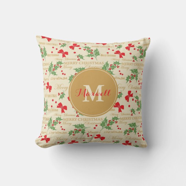 Coussin Monogramme / Nom / Joyeux Noël festif (Recto)