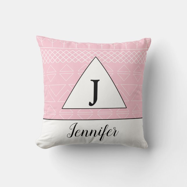 Coussin Monogramme Nom Motif Géométrique Rose Blanc (Recto)